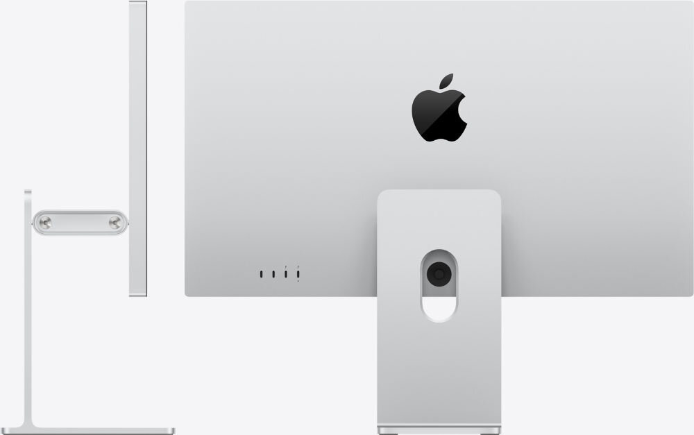 Monitor APPLE Studio Display XDR Widok z tyłu i z boku srebrnego monitora Apple Studio Display, pokazujący minimalistyczny design, logo Apple, porty łączności oraz profil nachylenia podstawy.