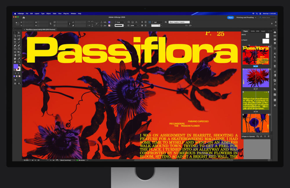 Monitor APPLE Studio Display XDR Interfejs programu Adobe InDesign z otwartym projektem layoutu czasopisma o tytule Passiflora, z dużą żółtą typografią na czerwonym tle z motywem kwiatowym.
