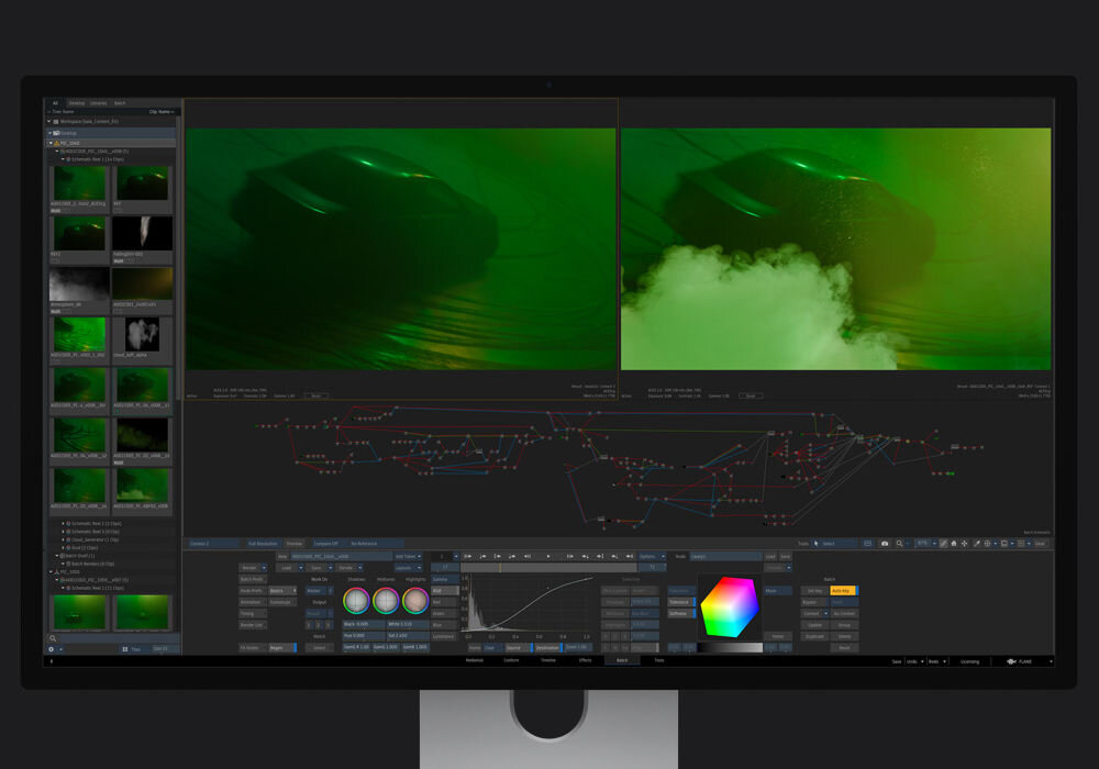 Monitor APPLE Studio Display XDR Zaawansowany interfejs oprogramowania do efektów wizualnych (VFX) z widokiem węzłów (node graph) i podglądem sceny 3D przedstawiającej samochód w zielonym dymie.