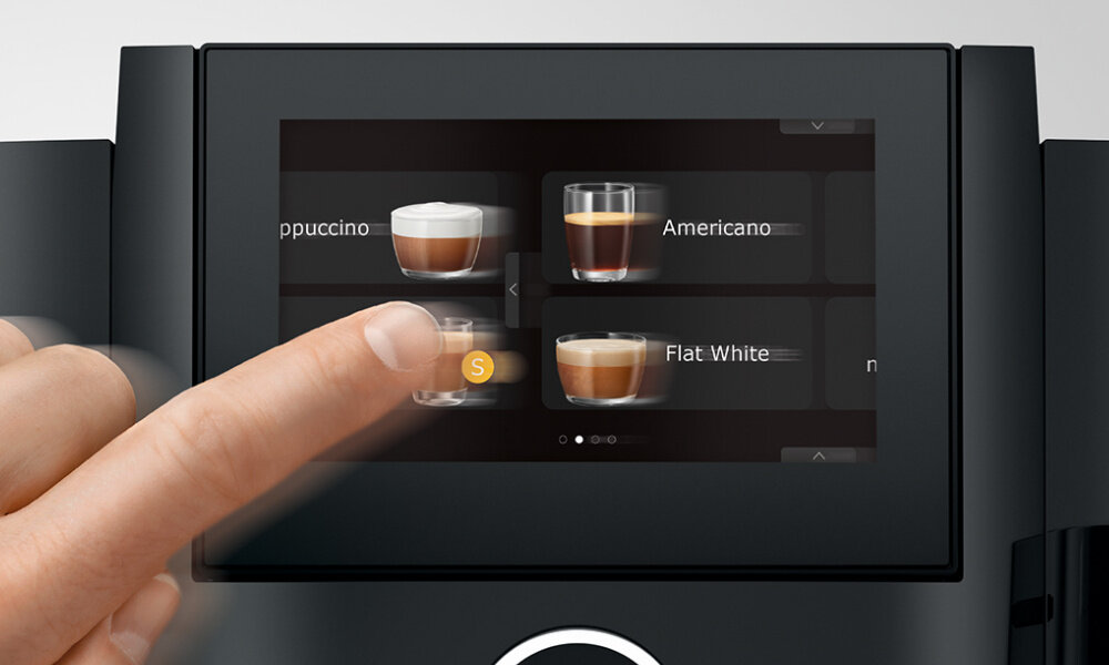 Ekspres JURA S8 Piano Czarny (EB) wygoda komfort obsługa użytkowanie korzystanie wyświetlacz ekran dotykowy przekątna funkcja Swipe