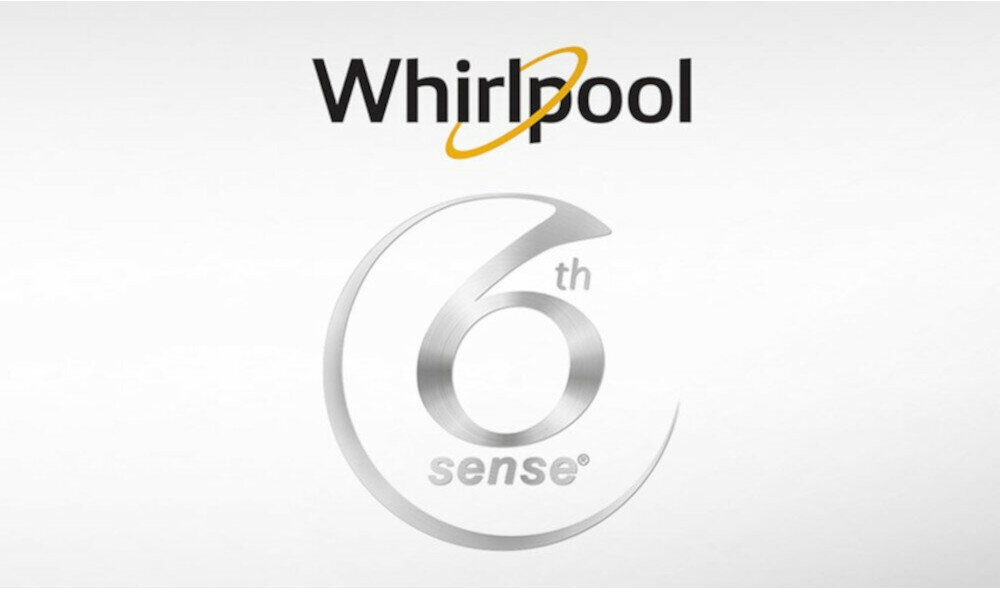 Logo Whirlpool z napisem \'6th sense\' na białym tle.