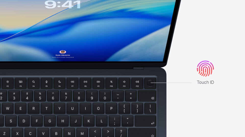 MacBook Air kadr na czytnik linii papilarnych czytnik Touch ID podświetlana klawiatura
