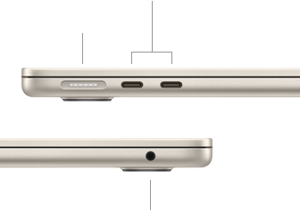 Zamknięty MacBook Air, pokazany z lewego boku, gdzie widać port MagSafe i dwa porty Thunderbolt, oraz z prawego, gdzie widać gniazdo słuchawkowe