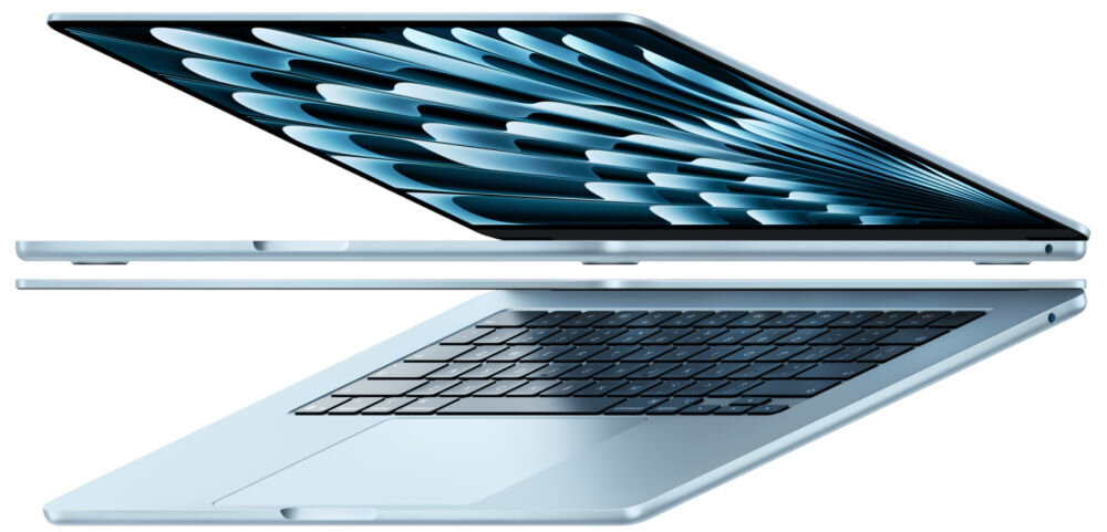 MacBook Air 2 laptopy ułożone w lustrzane odbicie czip bateria Apple Intelligence