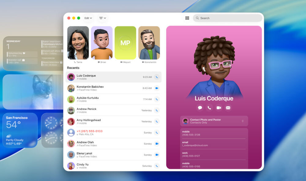 Laptop APPLE MacBook Pro 2026 Interfejs aplikacji Kontakty w systemie macOS z widocznymi awatarami Memoji, listą ostatnich połączeń i rozbudowaną kartą kontaktu Luisa Coderque.