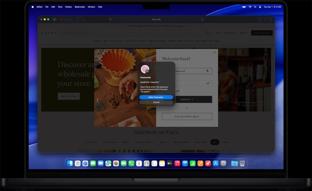 Laptop APPLE MacBook Pro 2026 Ekran laptopa z systemem macOS wyświetlający stronę internetową Faire w przeglądarce Safari z otwartym oknem logowania i powiadomieniem funkcji Touch ID do automatycznego uzupełniania hasła.