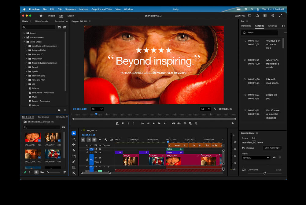 Laptop APPLE MacBook Pro 2026 Interfejs programu Adobe Premiere Pro podczas montażu filmu dokumentalnego, prezentujący zbliżenie na twarz starszego mężczyzny w rękawicach bokserskich z nałożonym napisem „Beyond inspiring”.