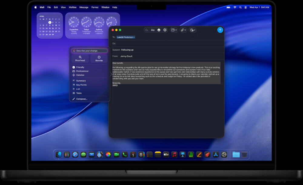Laptop APPLE MacBook Pro 2026 Widok biurka macOS z otwartym oknem edycji wiadomości e-mail oraz panelem inteligentnych sugestii pisania (Apple Intelligence) na niebieskiej tapecie.