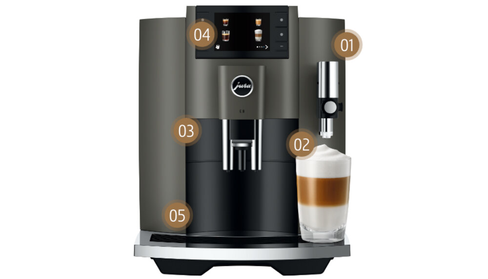 Ekspres JURA E8 Dark Inox (EC) duza jednostka zaparzajaca Proces Ekstrakcji Pulsacyjnej (P.E.P.®) Czytelny wyświetlacz 3,5-calowy 17 specjałów kawowych zakres kawa obsługa