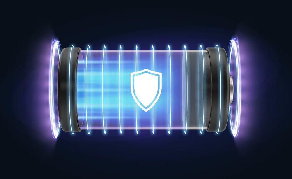  Abstrakcyjna wizualizacja baterii laptopa ASUS VivoBook 14 z niebieskimi falami energii i ikoną tarczy bezpieczeństwa symbolizująca czas pracy na baterii 