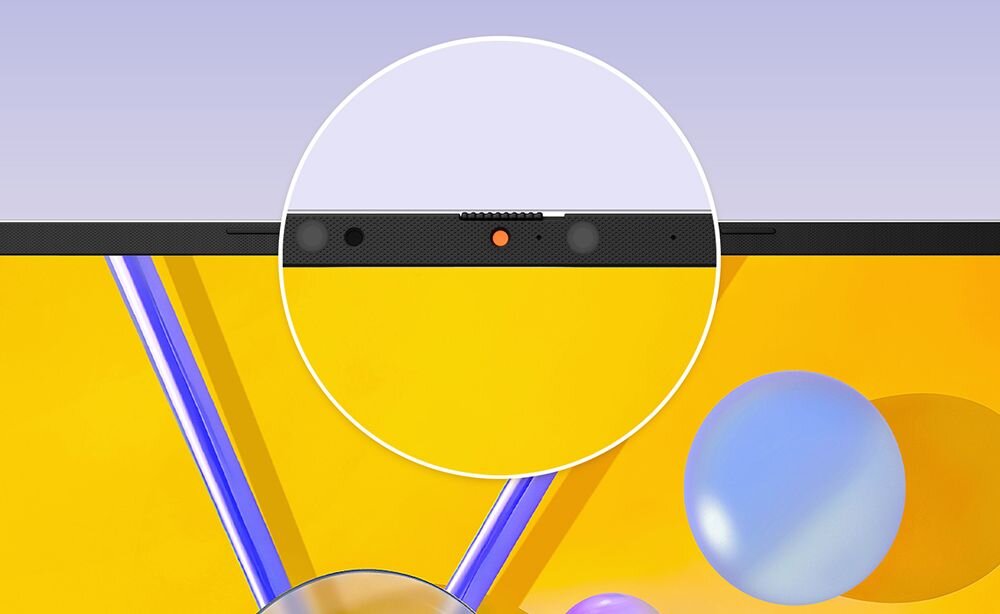  Kamera internetowa HD laptopa ASUS VivoBook 14 z fizyczną zasłoną prywatności w pozycji zamkniętej, widoczna pomarańczowa kropka wskazująca aktywację ochrony prywatności - Fizyczna zasłona kamery  