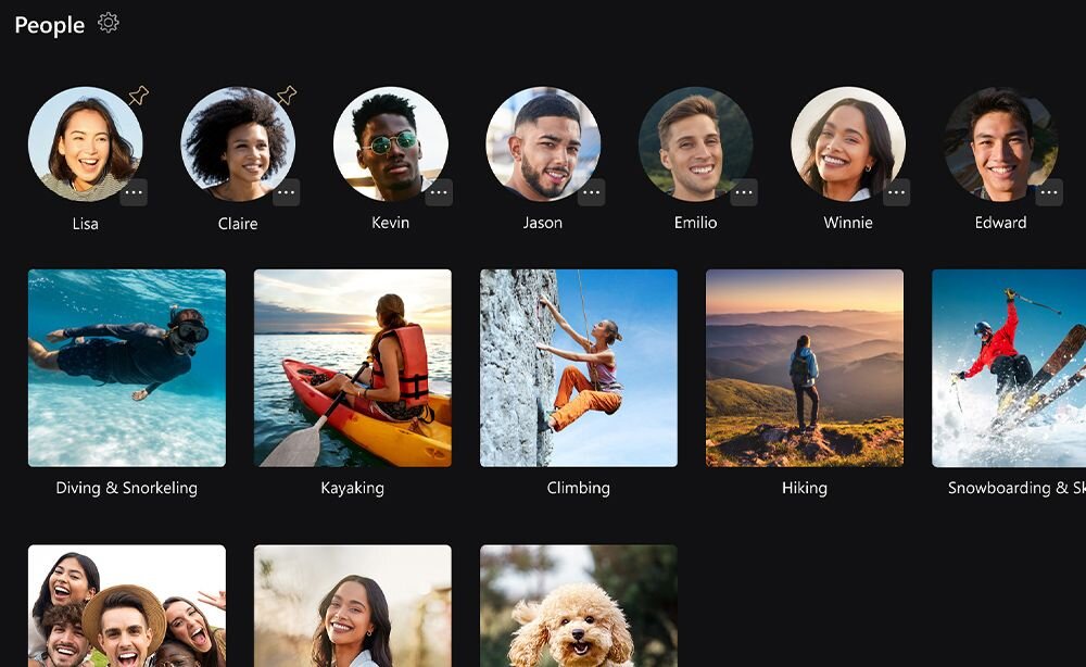 Interfejs aplikacji StoryCube na laptopie ASUS VivoBook 14 z profilami osób oraz galeria zdjęć z różnych aktywności jak nurkowanie, kajakarstwo i wspinaczka - StoryCube  