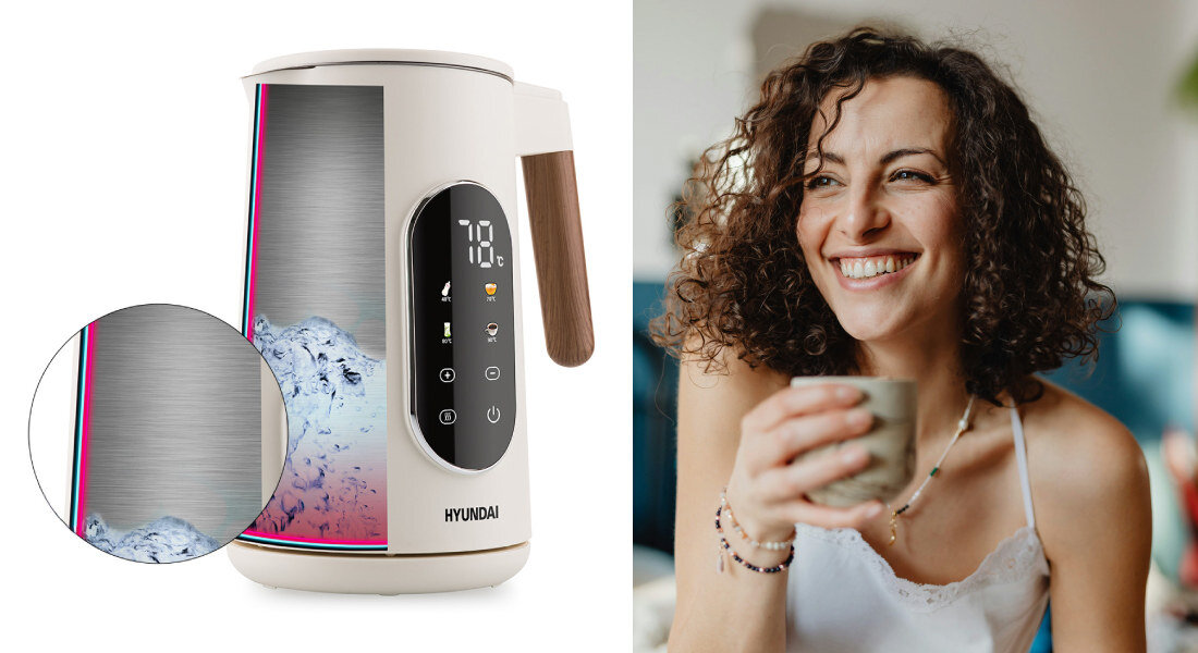 Czajnik HYUNDAI VK690W Kość słoniowa dwuściankowa obudowa, mniejsze ryzyko poparzeń, łatwe utrzymanie czystości