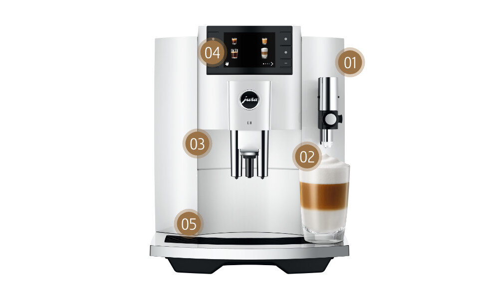 Ekspres JURA Piano White (EC) duza jednostka zaparzajaca Proces Ekstrakcji Pulsacyjnej (P.E.P.®) Czytelny wyświetlacz 3,5-calowy 17 specjałów kawowych zakres kawa obsługa