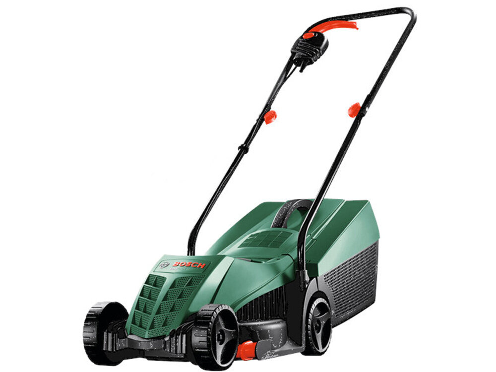 Kosiarka elektryczna BOSCH EasyRotak 32-235 1200 W 320 mm kosiarka na białym tle widoczna od przodu pod skosem do efektywnej pielęgnacji trawnika średniej wielkości dokładne i równomierne koszenie różnych rodzajów trawy ergonomiczna konstrukcja łatwa obsługa