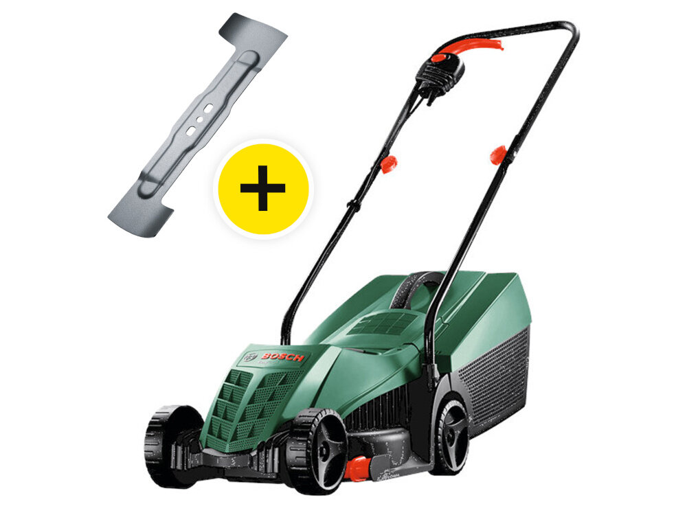 Kosiarka elektryczna BOSCH EasyRotak 32-235 1200 W 320 mm kosiarka na białym tle widoczna od przodu pod skosem obok nóż stalowy nóż obrotowy o szerokości 32 cm szybkie i efektywne koszenie redukuje liczbę przejść podczas pracy