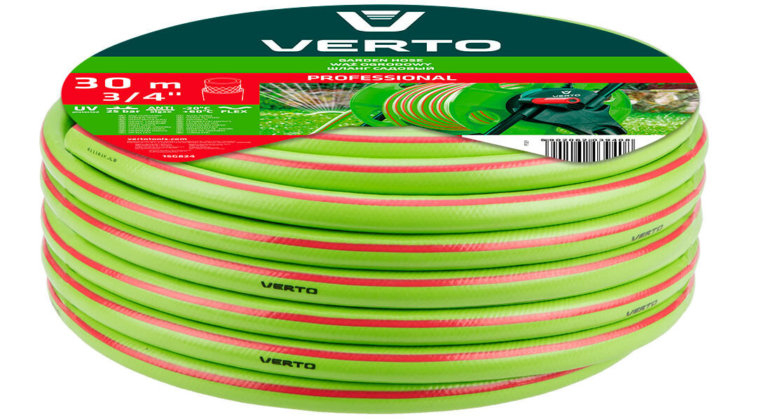 Wąż ogrodowy VERTO Professional 3/4 30 m 15G824, długość, warstwy, wytrzymałość, średnica, na białym tle wąż w szpuli w opakowaniu fabrycznym