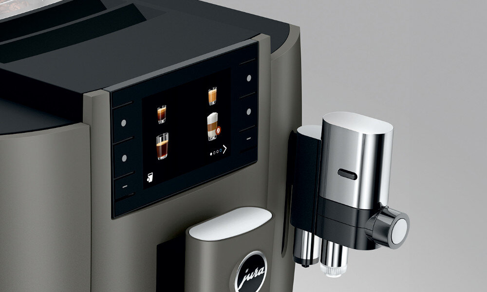 Ekspres JURA E8 Dark Inox (EC) symetryczne kształty harmonijne linie staranność detale Elegancki klasyczny design karbowany zbiornik