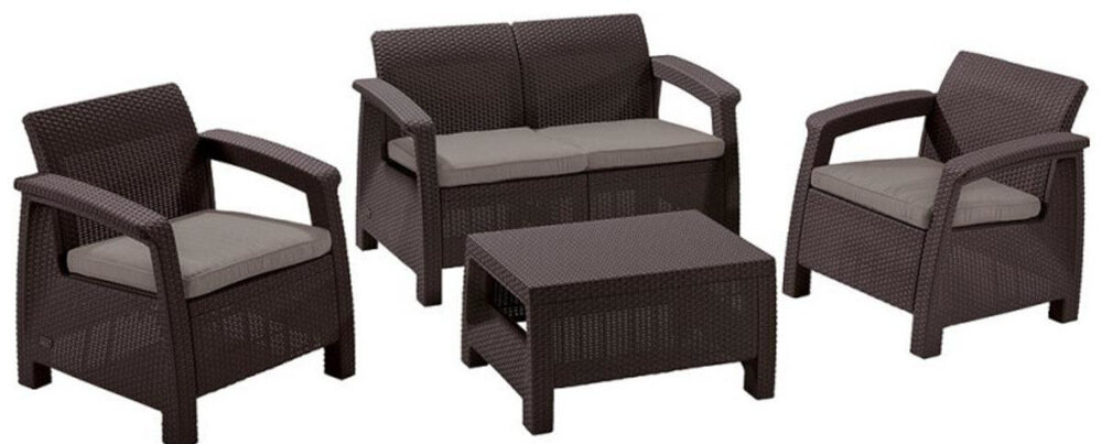 Meble ogrodowe CURVER Corfu II Set Brązowy podwójna sofa stolik kawowy dwa fotele ponadczasowy styl w kolorze brązowym