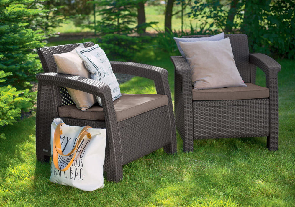 Meble ogrodowe CURVER Corfu II Set Brązowy do picia kawy czytania książki słuchania muzyki fotel wymiary 75x79x70 cm maksymalne obciążenie do 100 kg w zestawie dwa fotele