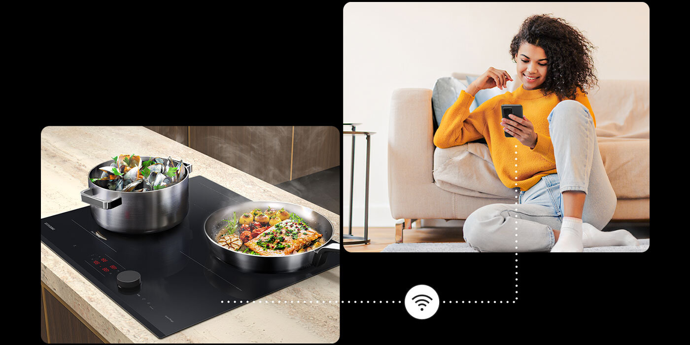 Zdjęcie kobiety ze smartfonem pokazuje możliwość kontroli pracy płyty w aplikacji mobilnej SmartThings od Samsung