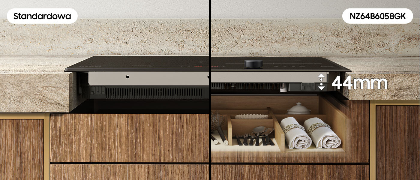 Na zdjęciu pokazano możliwości wykorzystania dodatkowej przestrzeni pod płytą Slim Fit z oferty Media Expert w porównaniu z tradycyjną płytą