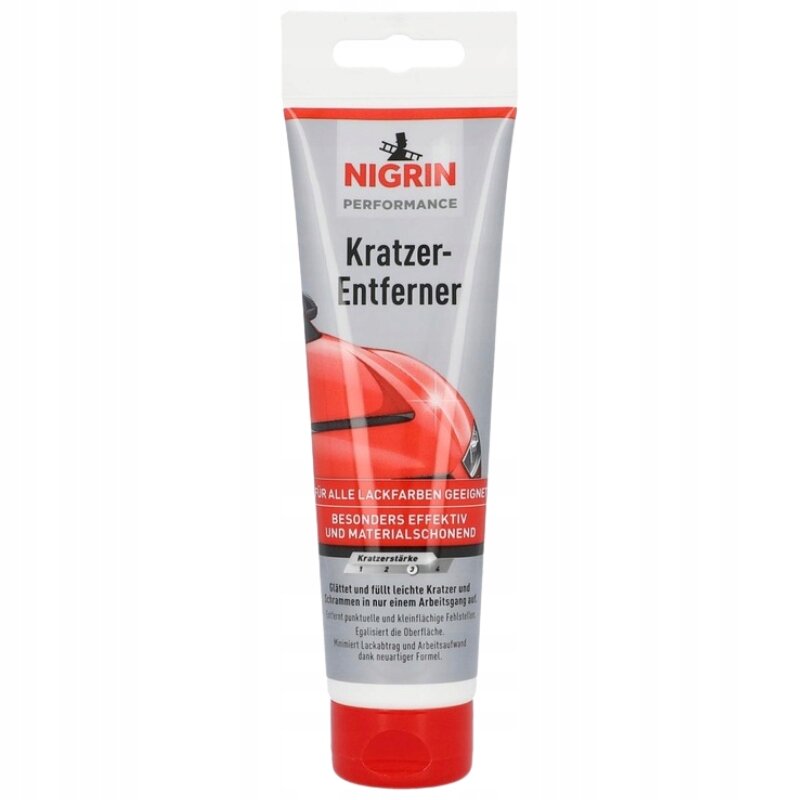 Na obrazie widoczna jest tuba z produktem do usuwania rys z lakieru samochodowego marki Nigrin. Na tubie znajduje się tekst: \'NIGRIN PERFORMANCE Kratzer-Entferner\'.