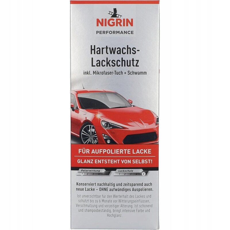 Opakowanie produktu z logo Nigrin Performance, przedstawiające czerwony samochód. Tekst na opakowaniu: \'Hartwachs-Lackschutz inkl. Mikrofasertuch + Schwamm\' oraz \'Für aufpolierte Lacke Glanz entsteht von selbst!\'.