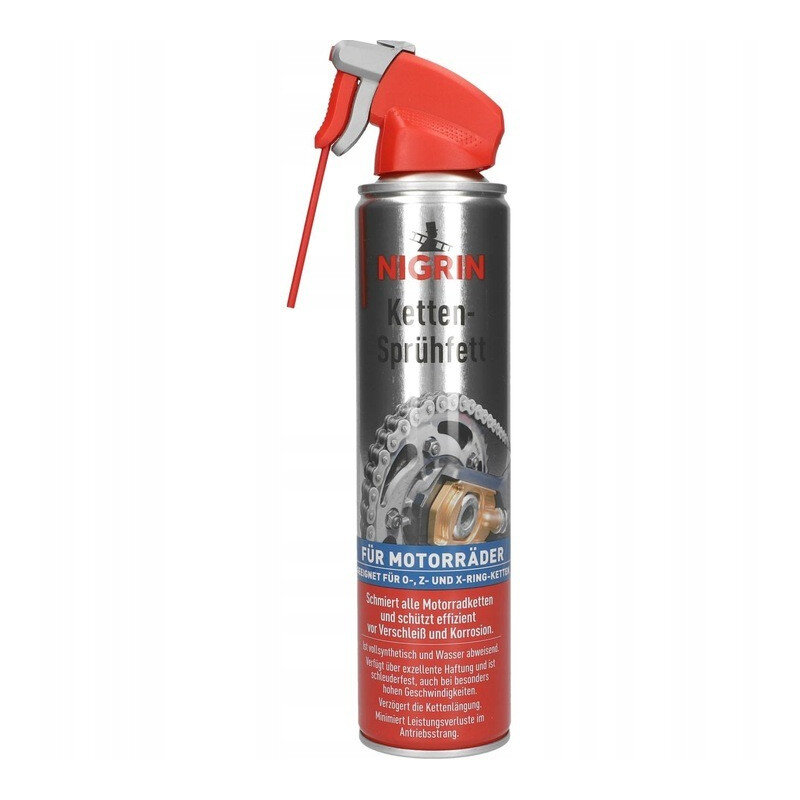 Metalowa puszka z czerwonym aplikatorem i napisem \'NIGRIN Ketten-Sprühfett\'. Na etykiecie widoczny jest obraz łańcucha motocyklowego oraz tekst dotyczący zastosowania produktu do łańcuchów motocyklowych.