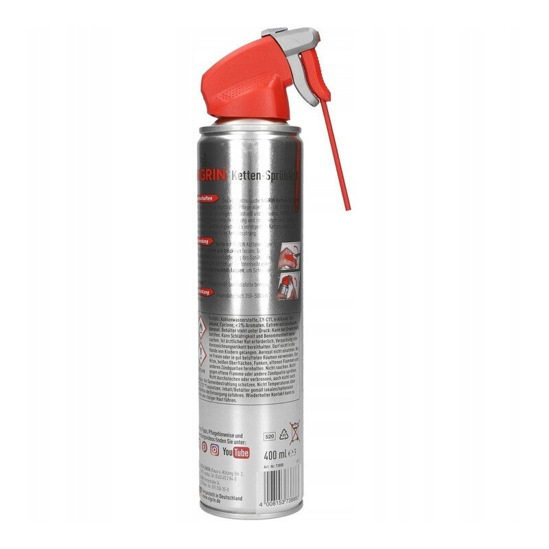 Metalowa puszka z czerwonym aplikatorem i długą dyszą, zawiera tekst w języku niemieckim oraz symbole ostrzegawcze. Na dole widnieje napis \'400 ml\'.