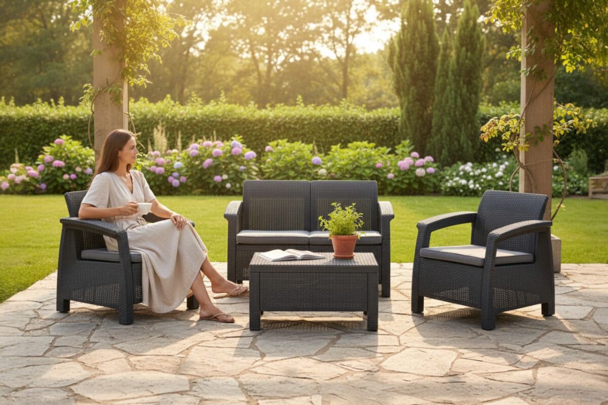 Zestaw mebli ogrodowych w kolorze grafitowym, składający się z dwóch foteli, sofy i stolika z rośliną w doniczce, ustawiony na kamiennej posadzce w ogrodzie. W tle widoczna jest zieleń i kwitnące krzewy.