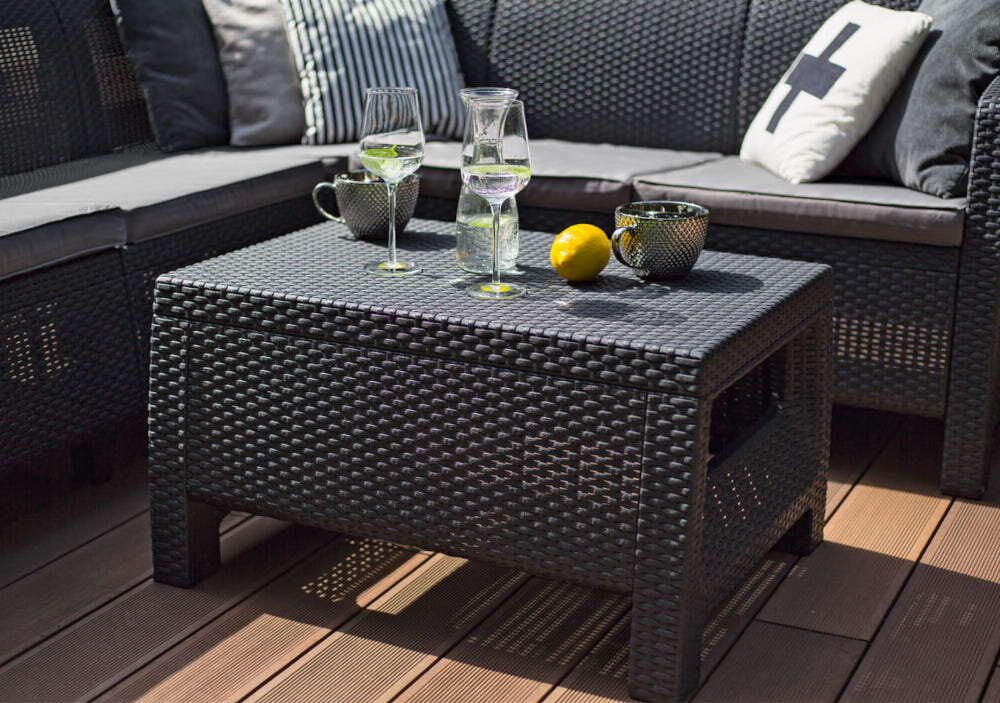 Meble ogrodowe KETER Corfu II Set Grafitowy stół blat odporny na uderzenia zmienne warunki pogodowe wymiary 77x42x57 cm obciążenie do około 20 kg