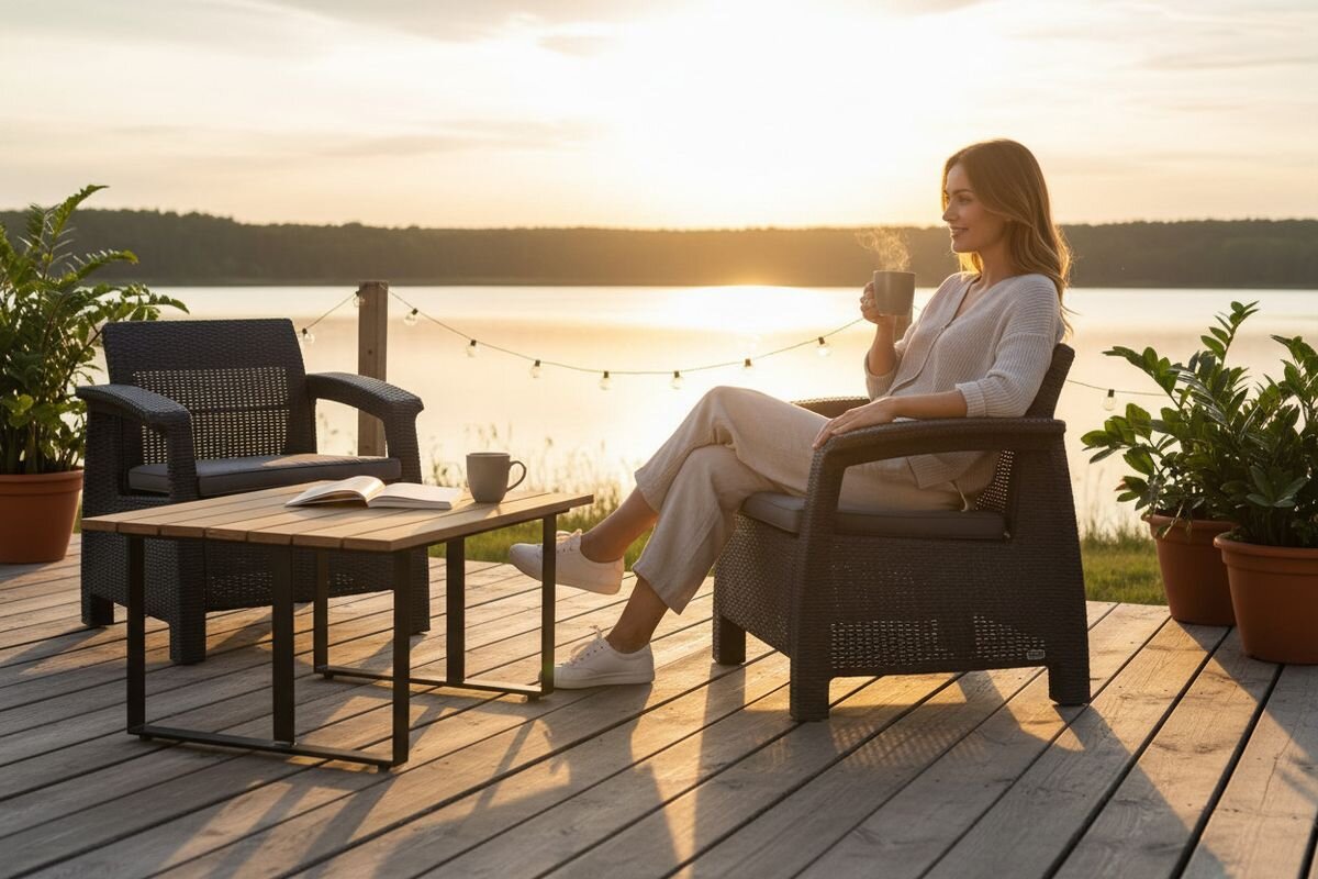 Na drewnianym tarasie nad jeziorem znajdują się dwa ciemne fotele i stolik z jasnym blatem. Obok foteli stoją donice z roślinami, a w tle widać zachodzące słońce nad wodą.