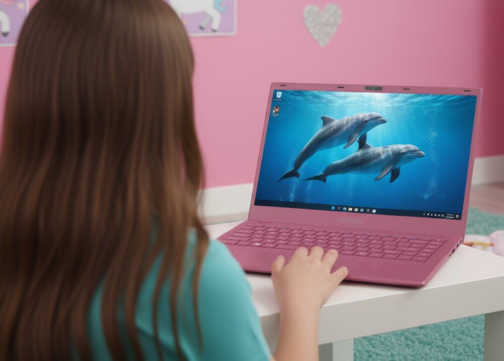 Laptop MAXCOM Office mBook14 Lite Plus Dziewczynka przy białym stoliku korzystająca z różowego laptopa z delfinami na ekranie, ekran, matryca, przekątna