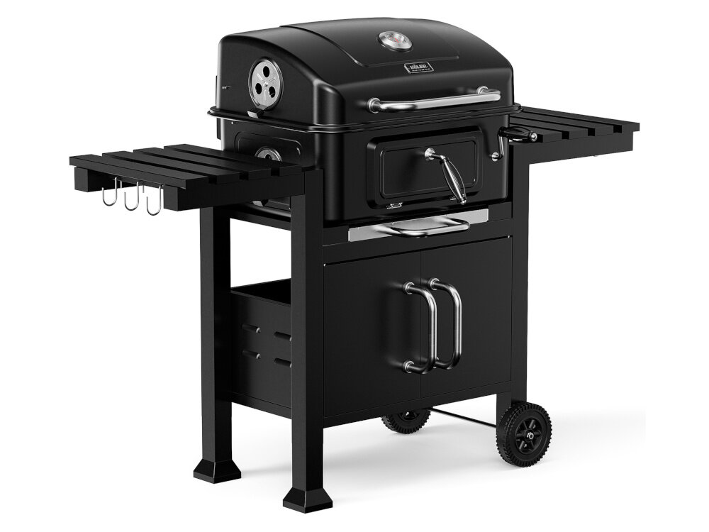 Grill węglowy KOLER Ember CH2 grill z zamkniętą pokrywą widoczny od przodu po skosie otwarte półki pokrywa i korpus z wysokiej jakości stali zabezpieczonej emalią porcelanową odporność na zarysowania