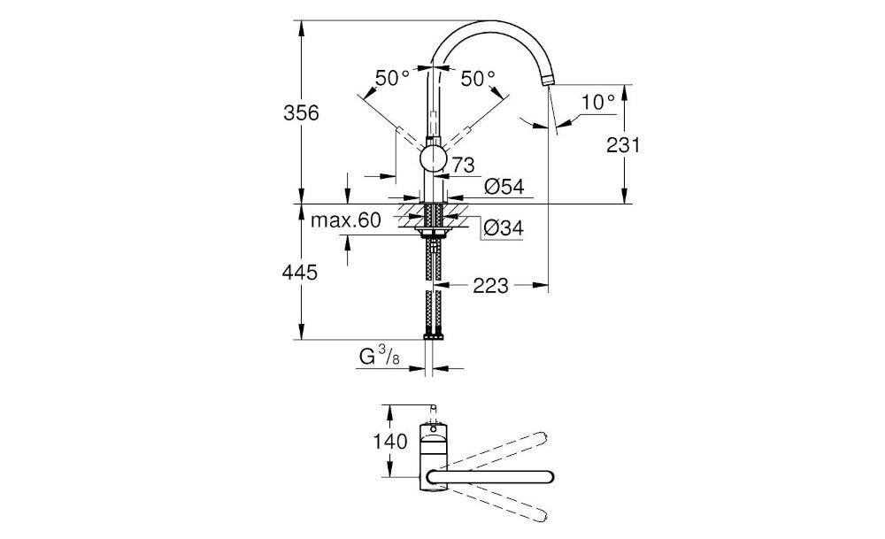 BATERIA KUCHENNA GROHE Minta 32917KS0 wymiary korpus wylewka zasięg Wysokość