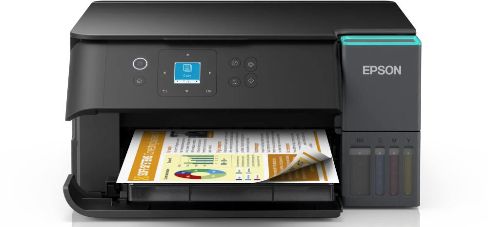 Urządzenie wielofunkcyjne EPSON EcoTank L4360 Druk w kolorze, Automatyczny druk dwustronny, Wi-Fi prezentacja urządzenia od przodu na białym tle z wydrukowaną kartką wydajność atramentu wydłużenie czasu pracy