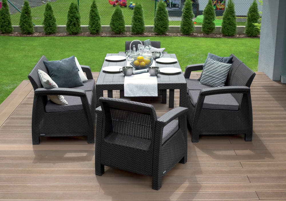 Zestaw mebli ogrodowych KETER Corfu Fiesta 17198008 Grafitowy z najwyższej jakości polipropylenu imituje naturalny splot rattanowy technorattan składanie niezwykle proste nie wymaga użycia narzędzi zatrzaski