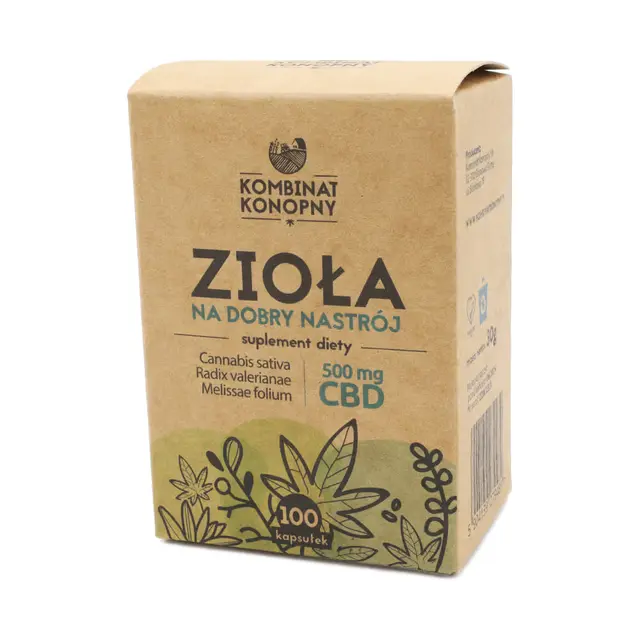 Opakowanie produktu \'Kombinat Konopny Zioła Na Dobry Nastrój\' zawierające 100 kapsułek. Na opakowaniu widnieje tekst: \'suplement diety, Cannabis sativa, Radix valerianae, Melissa folium, 500 mg CBD\'.
