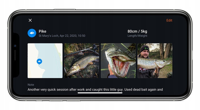 Na ekranie telefonu widać aplikację z informacjami o złowionej rybie: \'Pike\', 80cm / 5kg, St Mary\'s Loch, Apr 22, 2020, 10:50. Poniżej znajdują się zdjęcia ryby oraz notatka: \'Another very quick session after work and caught this little guy. Used dead bait again and\'.