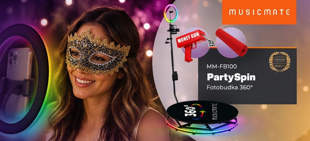 Fotobudka 360° MUSICMATE MM-FB100 PartySpin platforma LED RGB do nagrań imprezowych, osoba z założoną maską karnawałową, urzadzenie po skosie na pierwszym planie