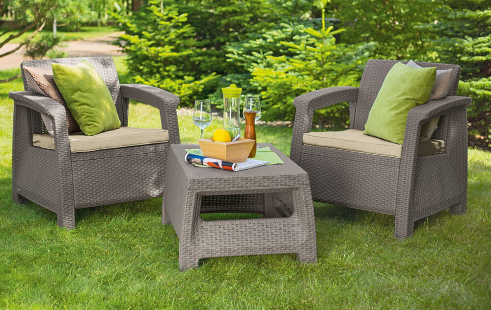Meble ogrodowe KETER Corfu II Set Cappucino do picia kawy czytania książki słuchania muzyki fotel wymiary 75x79x70 cm maksymalne obciążenie do 100 kg w zestawie dwa fotele