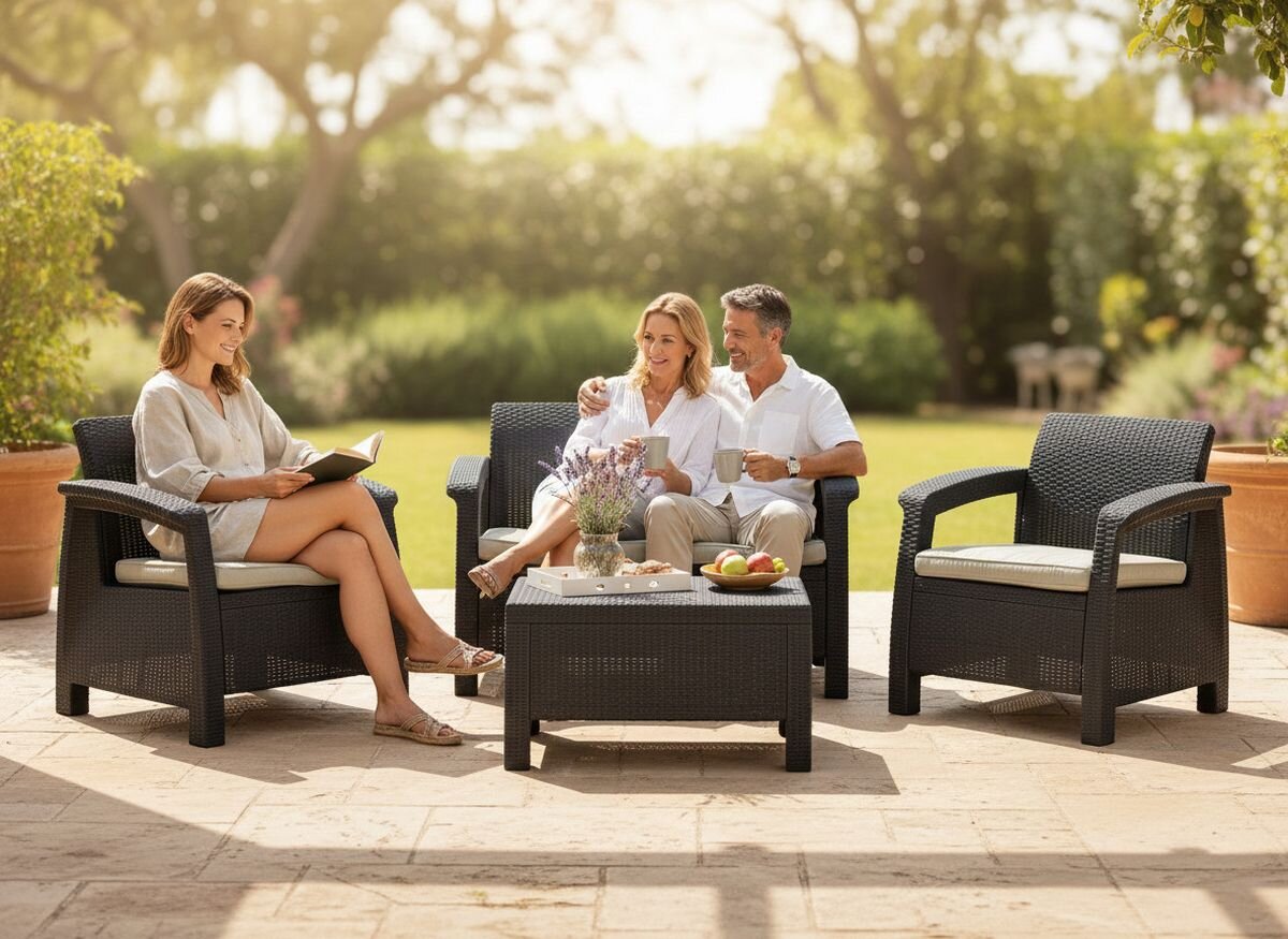 Na obrazie widoczny jest zestaw mebli ogrodowych składający się z dwóch foteli, sofy i stolika, wykonanych z ciemnego materiału z jasnymi poduszkami. W tle znajduje się zielony ogród z drzewami i krzewami.