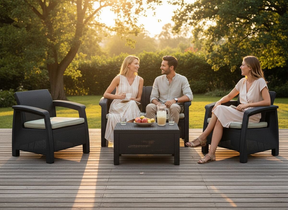 Trzy osoby siedzą na zestawie mebli ogrodowych w otoczeniu zieleni. Na stoliku znajduje się dzbanek z napojem i miska z owocami.