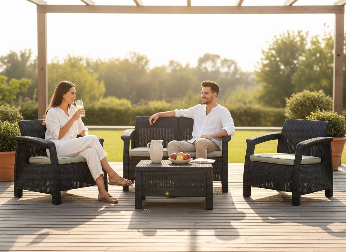 Na drewnianym tarasie znajduje się zestaw mebli ogrodowych składający się z dwóch foteli, sofy i stolika w ciemnym kolorze z jasnymi poduszkami. Na stoliku stoi dzbanek i miska z owocami, a w tle widać zieleń ogrodu.
