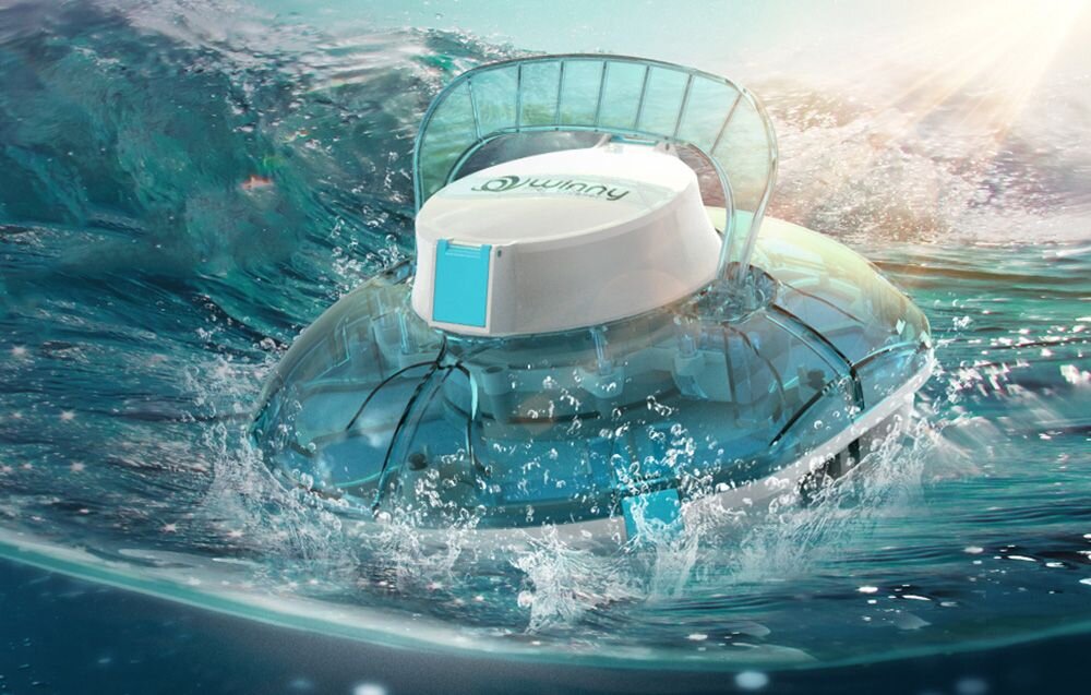 Robot do czyszczenia basenów WYBOT Winny 200, 3200mAh, 80min, IPX8, 3,3kg, Okrągły robot basenowy Winny w dynamicznej, rozpryskującej się wodzie.