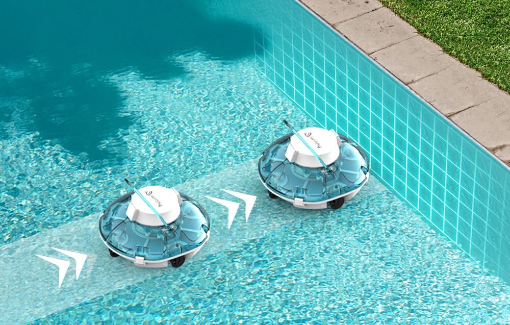 Robot do czyszczenia basenów WYBOT Winny 200, czujniki, krawędź, hak, ściana, Schemat poruszania się robota Winny wzdłuż ścianki i dna basenu.