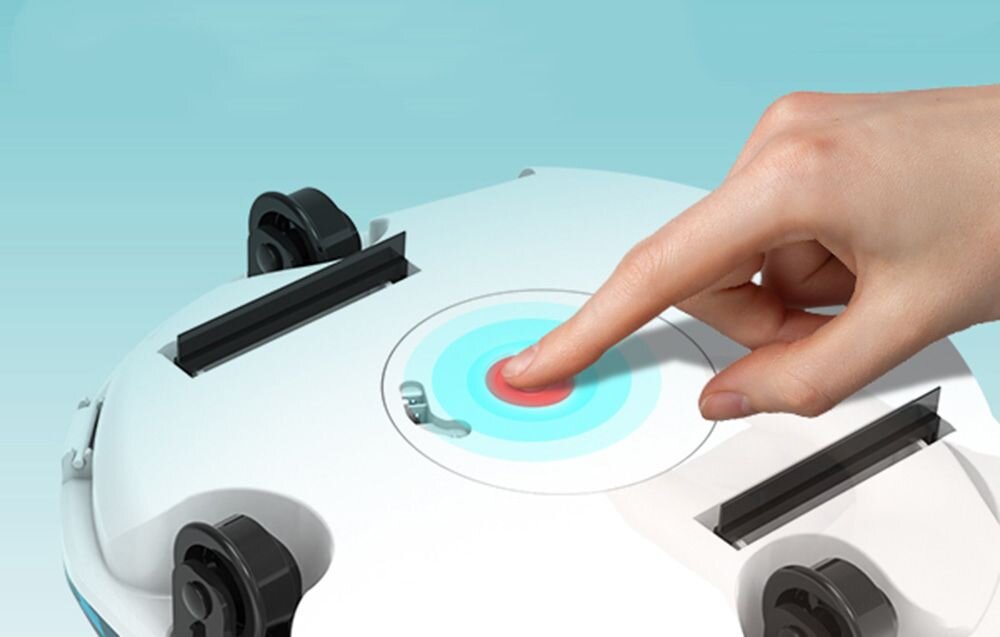 Robot do czyszczenia basenów WYBOT Winny 200, przycisk, bezprzewodowy, intuicyjny, swoboda, Zbliżenie na włączanie robota Winny za pomocą przycisku na obudowie.