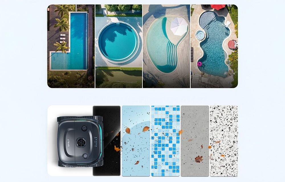 Robot do czyszczenia basenów WYBOT C2PRO, 4600mAh, 3godziny, 150m², bezprzewodowy, Robot WYBOT obsługuje różne kształty basenów i typy powierzchni dna.