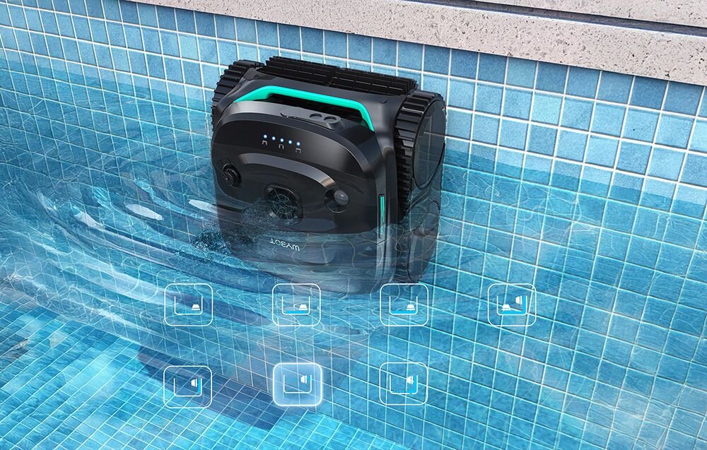 Robot do czyszczenia basenów WYBOT C2PRO, Eco, Floor, Wall, etapowy, Robot WYBOT czyści pionową ścianę i linię brzegową kafelkowego basenu.